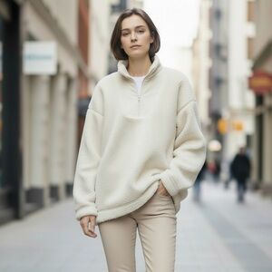 Aerie Cream Quarter-Zip Sweater Dream Sherpa oversized Pullover Comfy Sz Medium